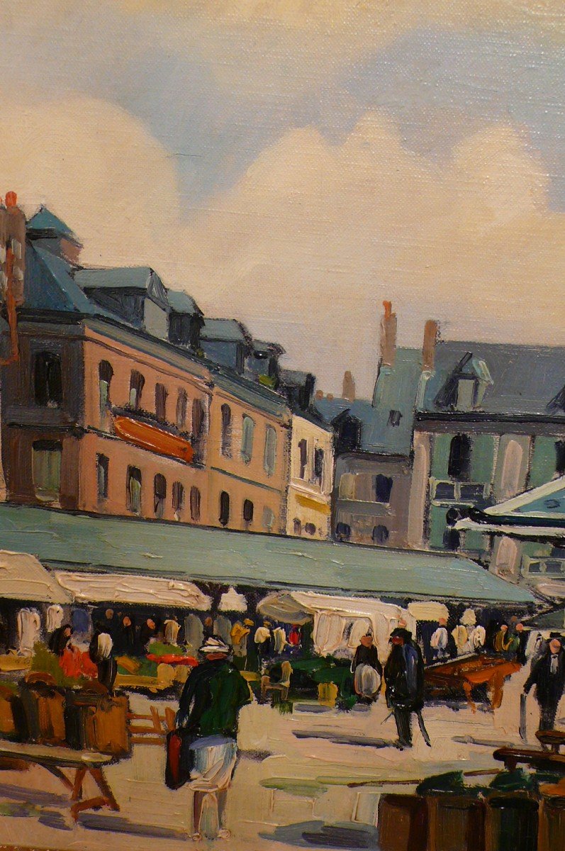 Vigon Louis Painting 20th School Of Rouen Market Square Villers Sur Mer Oil Signed Certificate-photo-1