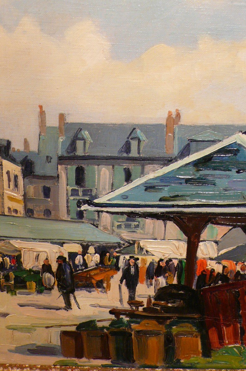 Vigon Louis Painting 20th School Of Rouen Market Square Villers Sur Mer Oil Signed Certificate-photo-2