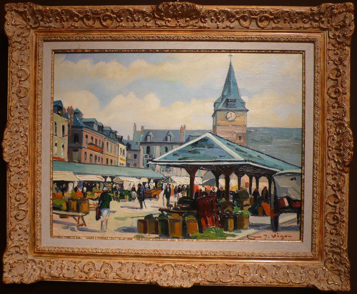 Vigon Louis Painting 20th School Of Rouen Market Square Villers Sur Mer Oil Signed Certificate