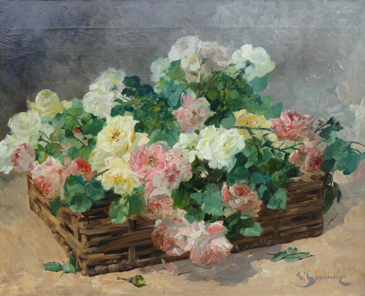 Jeannin Georges French Painting 19th Century Basket Of Roses Oil On Canvas Signed Certificate-photo-2