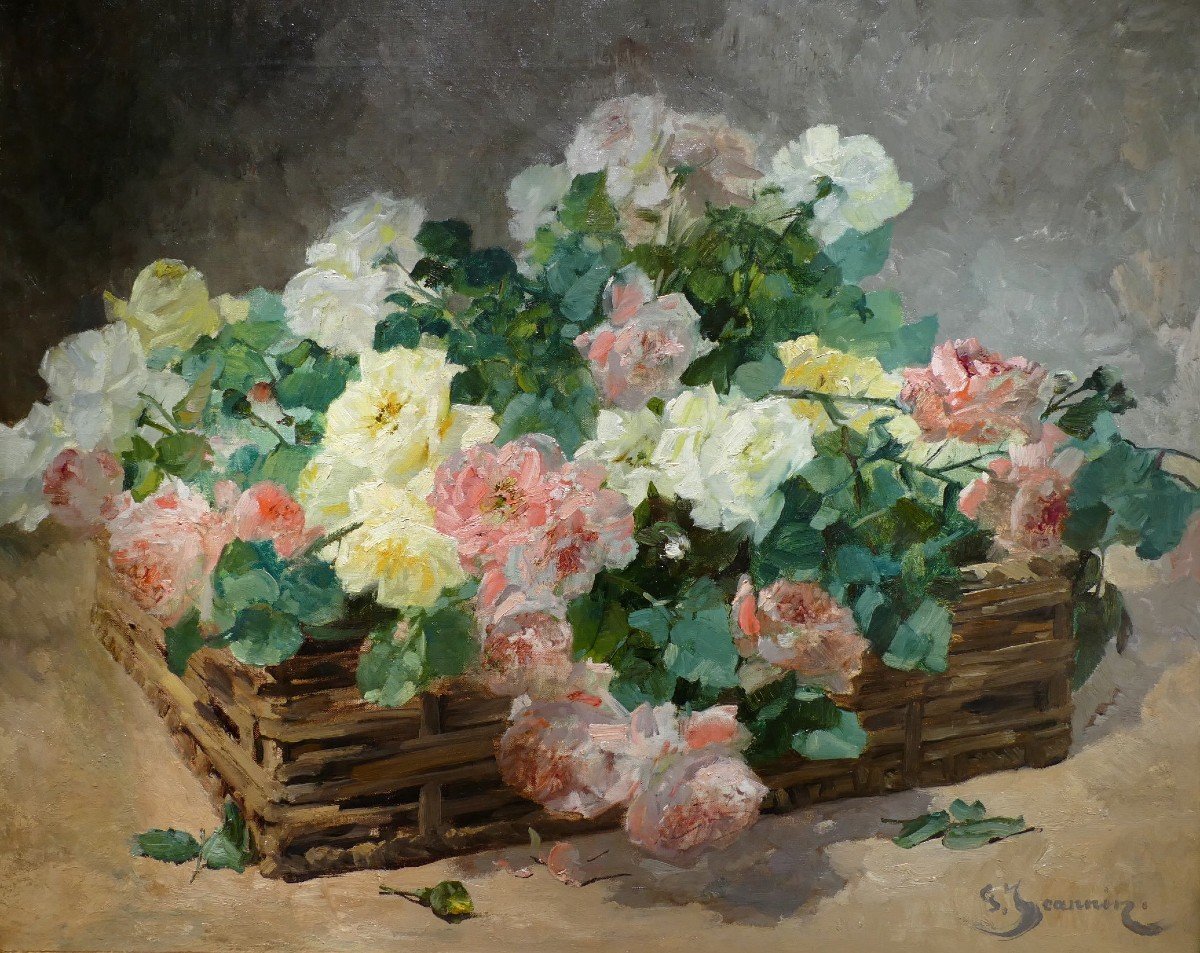 Jeannin Georges French Painting 19th Century Basket Of Roses Oil On Canvas Signed Certificate-photo-3