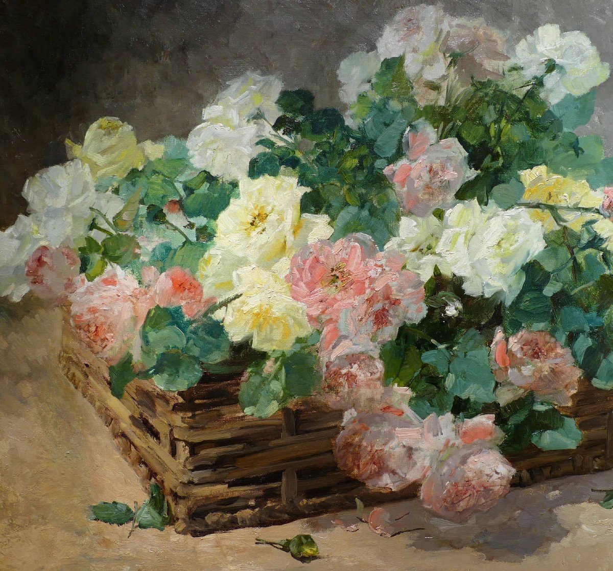 Jeannin Georges French Painting 19th Century Basket Of Roses Oil On Canvas Signed Certificate-photo-4