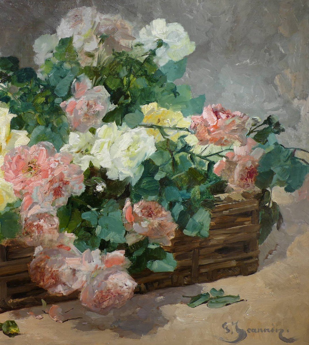 Jeannin Georges French Painting 19th Century Basket Of Roses Oil On Canvas Signed Certificate-photo-1