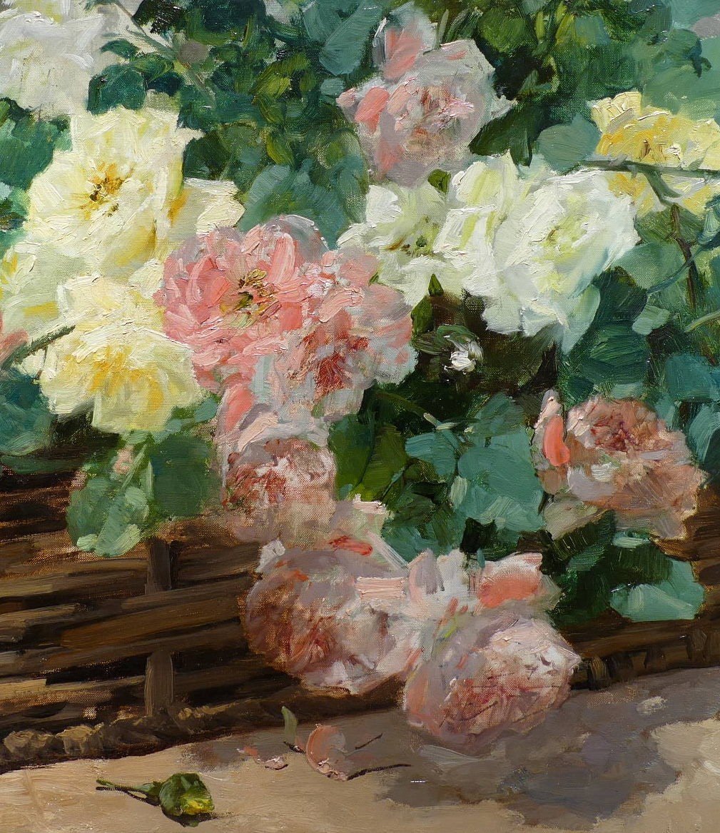 Jeannin Georges French Painting 19th Century Basket Of Roses Oil On Canvas Signed Certificate-photo-2