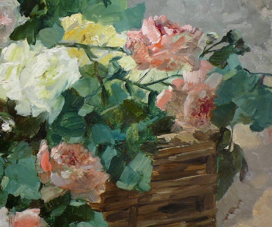 Jeannin Georges French Painting 19th Century Basket Of Roses Oil On Canvas Signed Certificate-photo-3