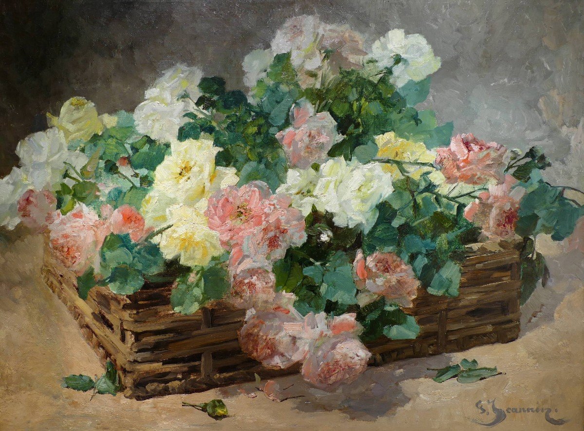 Jeannin Georges French Painting 19th Century Basket Of Roses Oil On Canvas Signed Certificate-photo-4