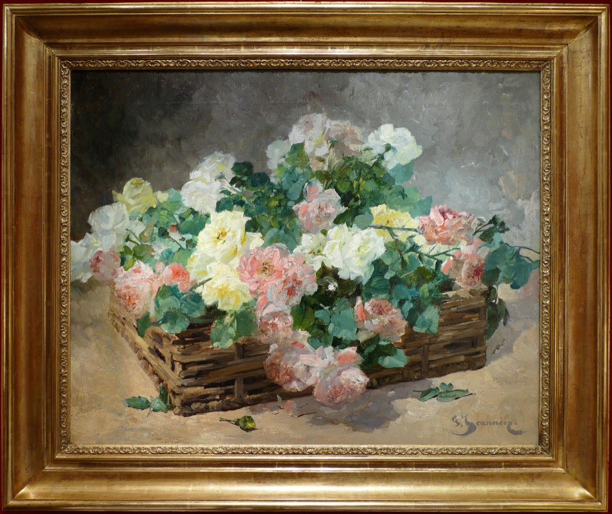 Jeannin Georges French Painting 19th Century Basket Of Roses Oil On Canvas Signed Certificate