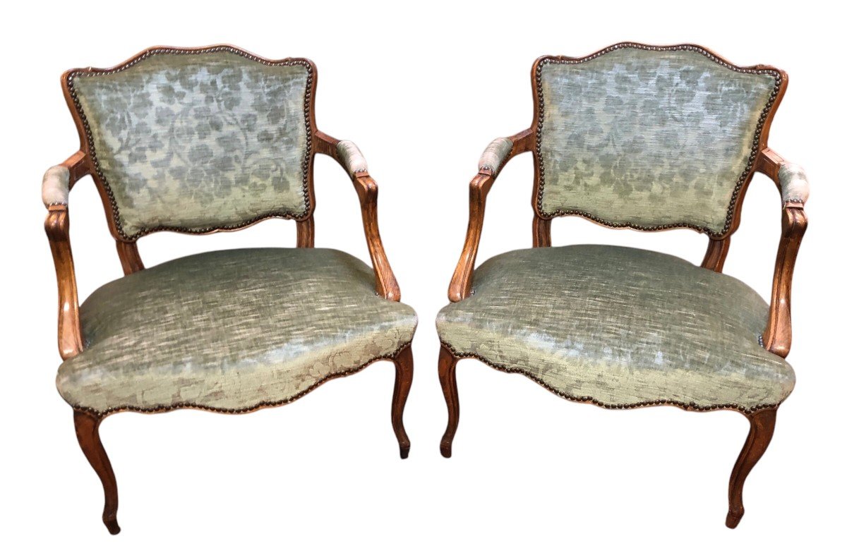 Pair Of Louis XV Style Dressing Chairs With Scalloped Backrest In Beech