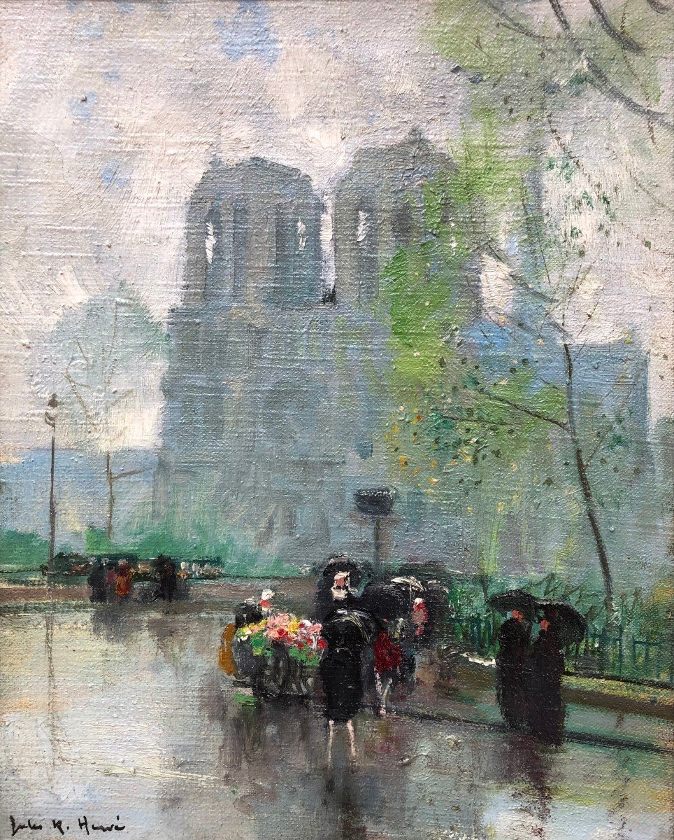 Herve Jules Langres The Flower Seller In Front Of Notre Dame Oil On Canvas Signed Certificate -photo-2