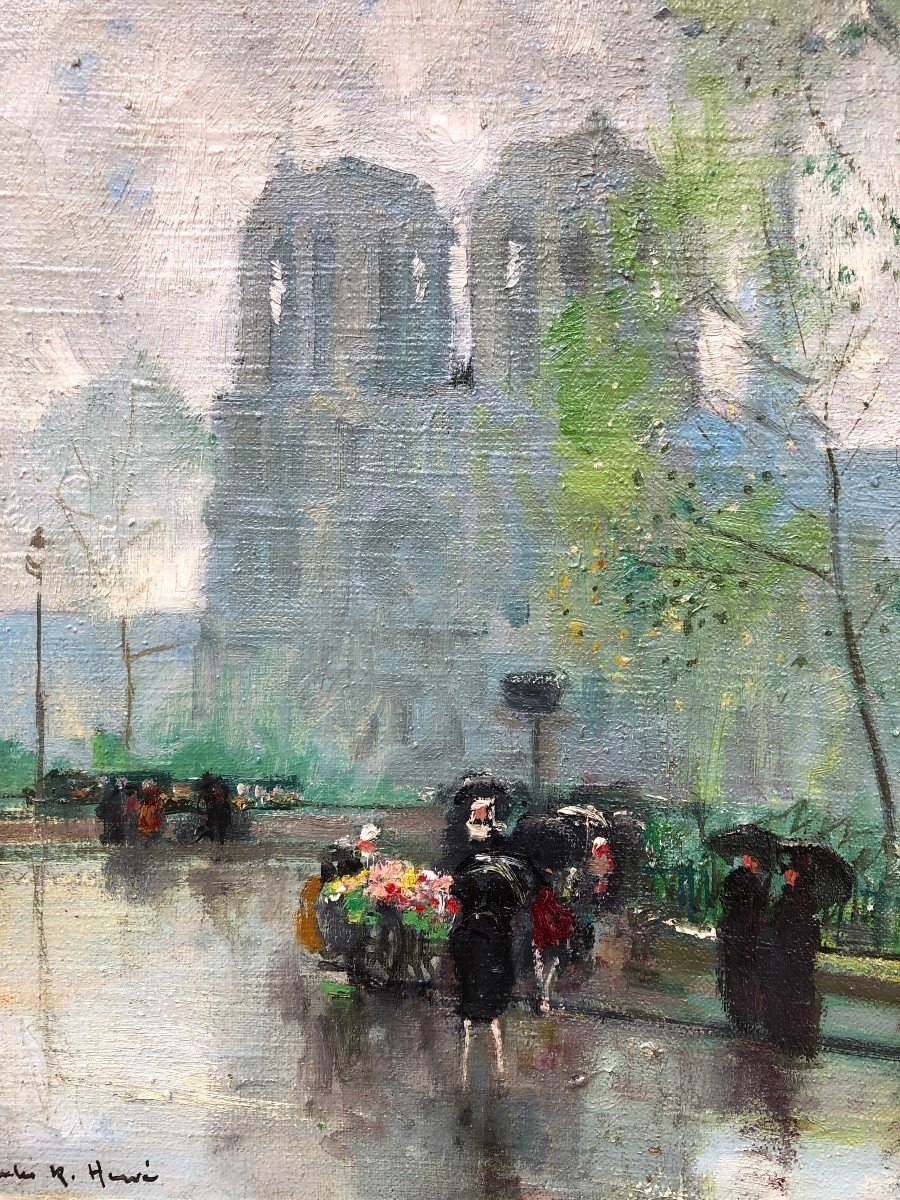 Herve Jules Langres The Flower Seller In Front Of Notre Dame Oil On Canvas Signed Certificate -photo-3