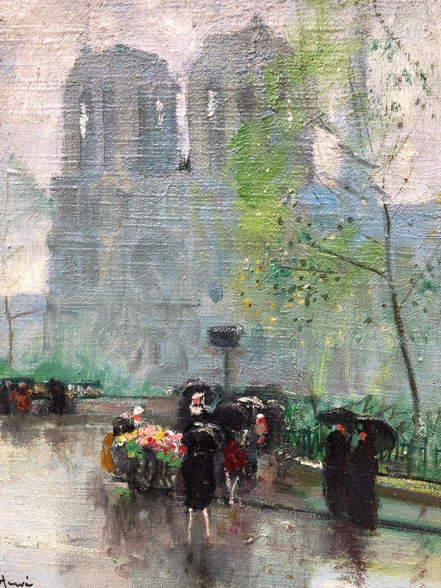 Herve Jules Langres The Flower Seller In Front Of Notre Dame Oil On Canvas Signed Certificate -photo-2