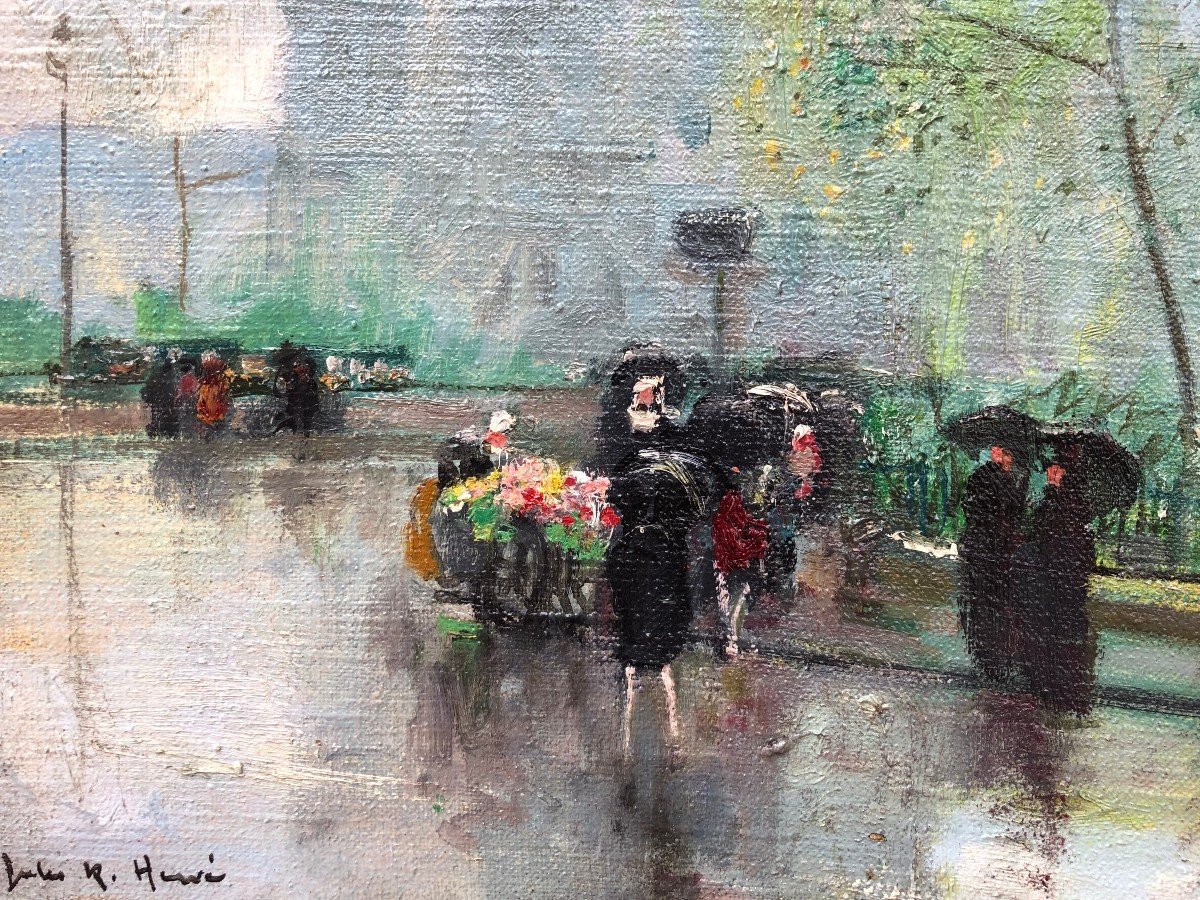 Herve Jules Langres The Flower Seller In Front Of Notre Dame Oil On Canvas Signed Certificate -photo-3