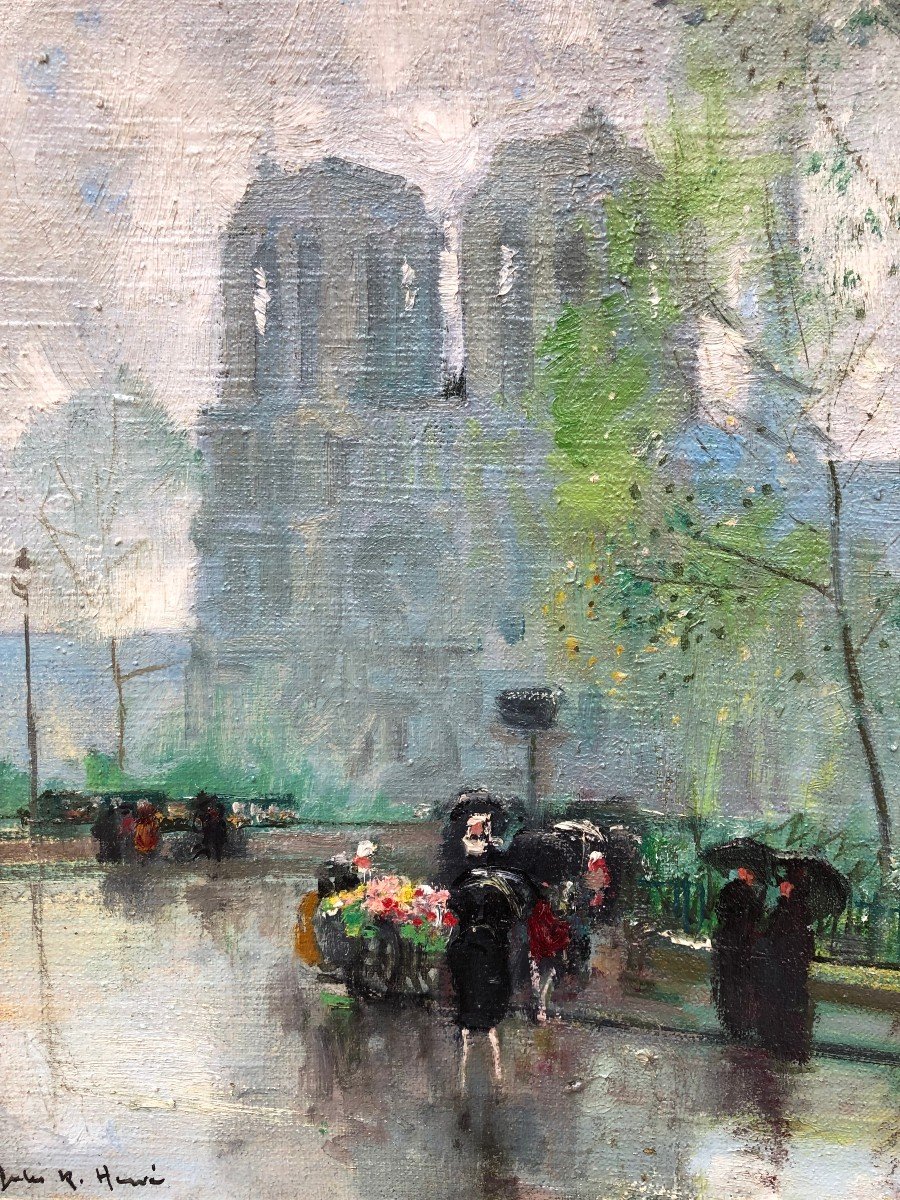 Herve Jules Langres The Flower Seller In Front Of Notre Dame Oil On Canvas Signed Certificate -photo-4