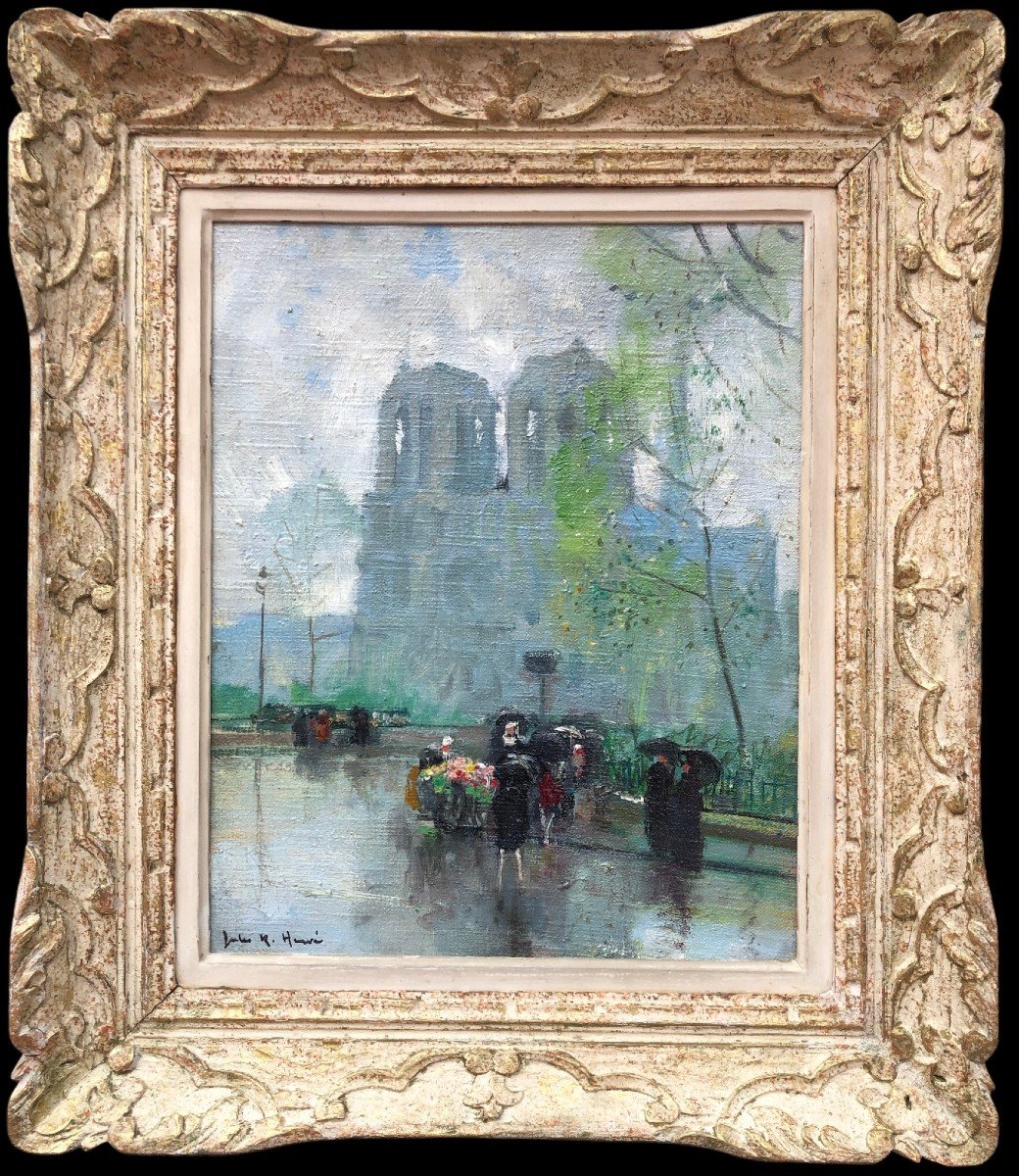 Herve Jules Langres The Flower Seller In Front Of Notre Dame Oil On Canvas Signed Certificate -photo-6