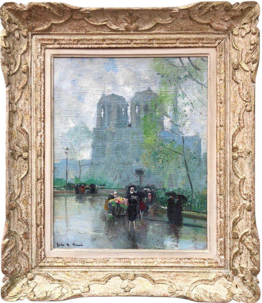 Herve Jules Langres The Flower Seller In Front Of Notre Dame Oil On Canvas Signed Certificate 