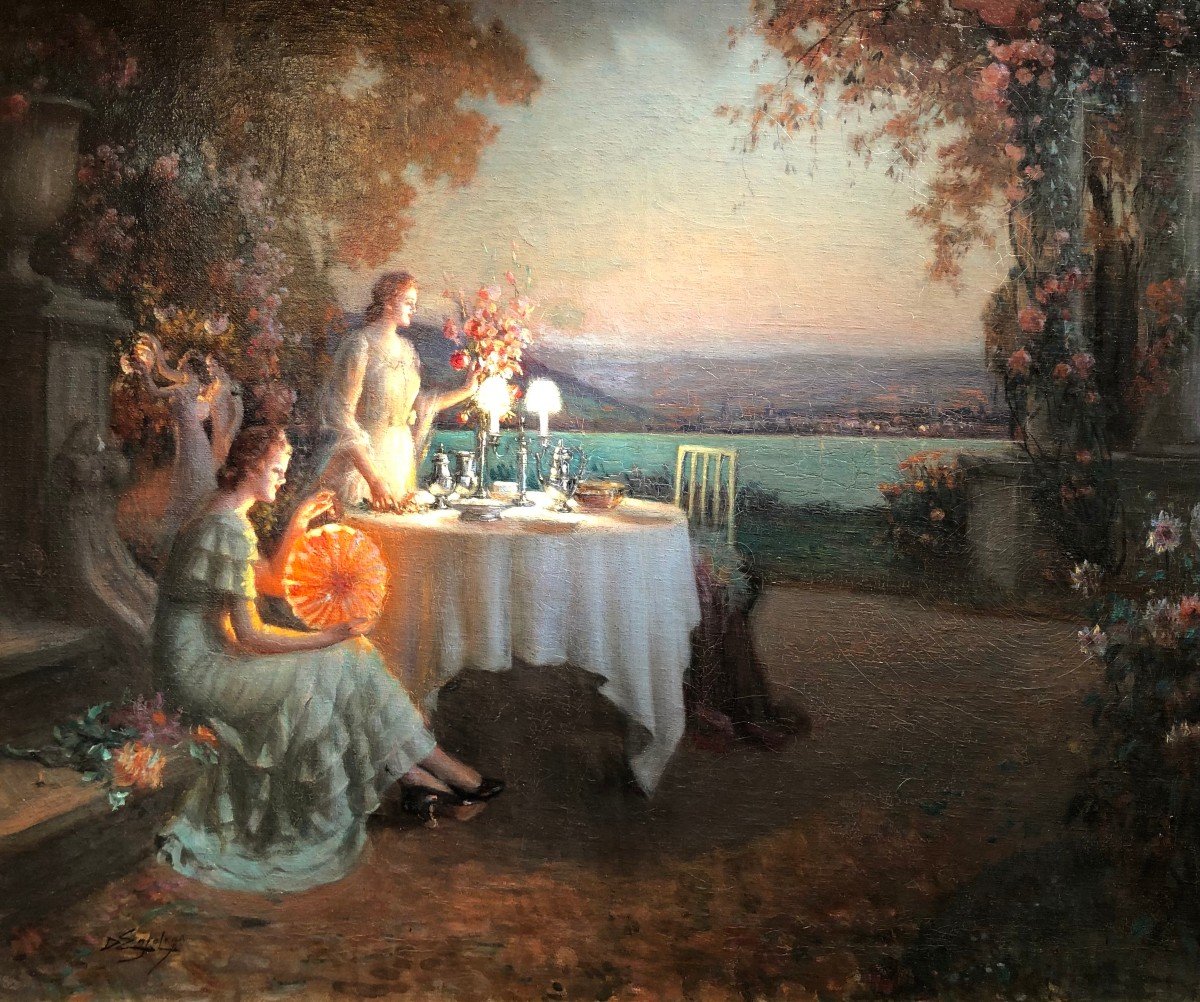 Enjolras Delphin Evening On The Terrace Oil On Canvas Signed Certificate-photo-2