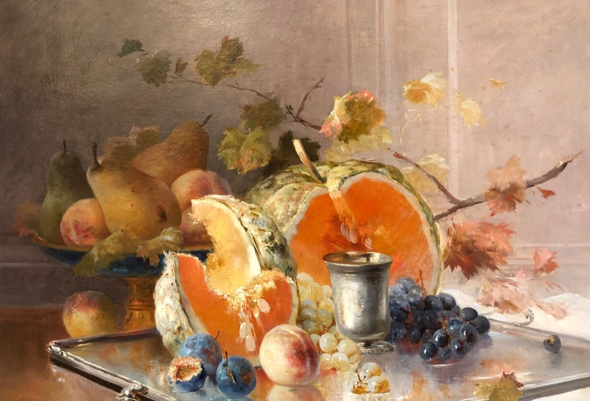 Cauchoix Eugène Nature Morte Aux Fruits Sur Plateau D’argent Huile Sur Toile Signée Certificat -photo-3