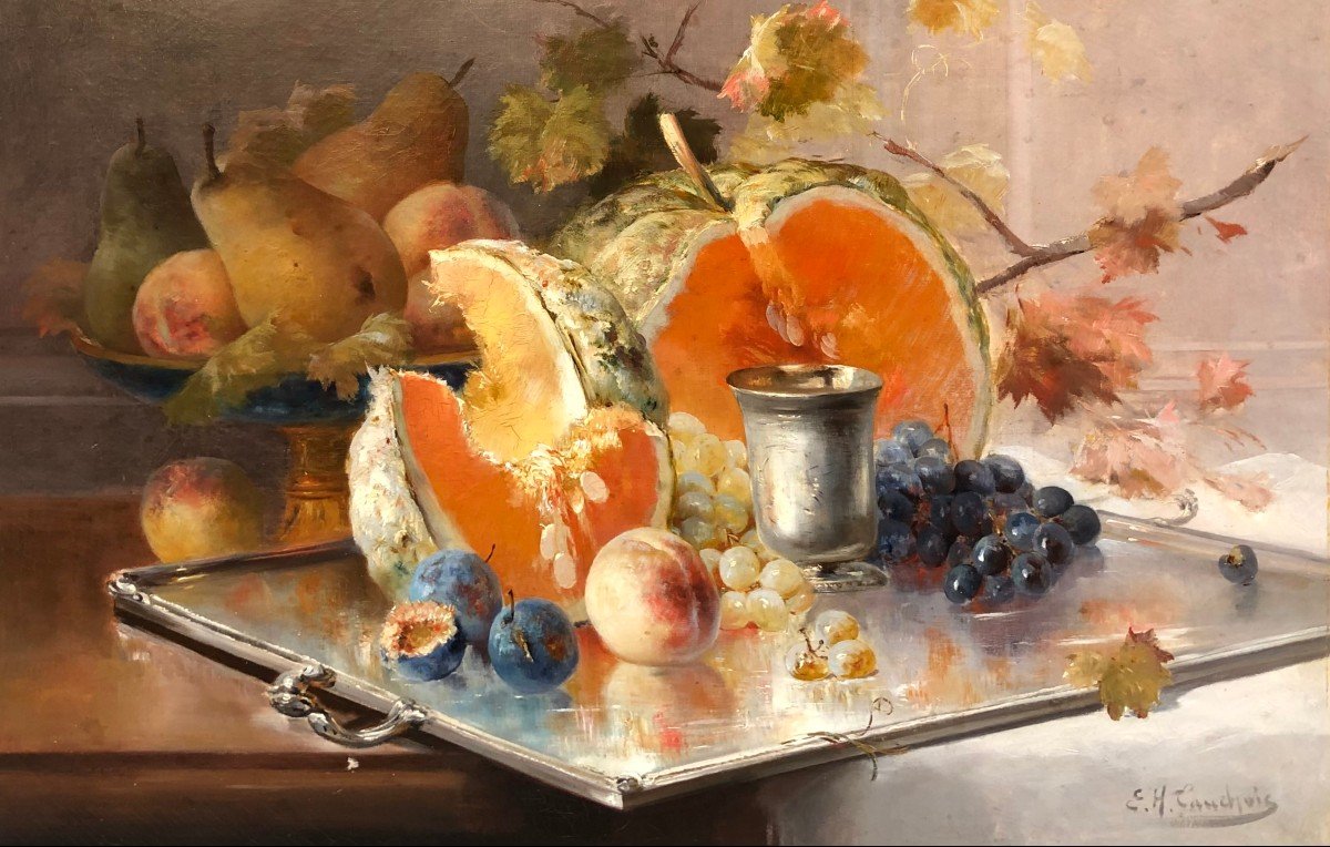 Cauchoix Eugène Nature Morte Aux Fruits Sur Plateau D’argent Huile Sur Toile Signée Certificat -photo-4