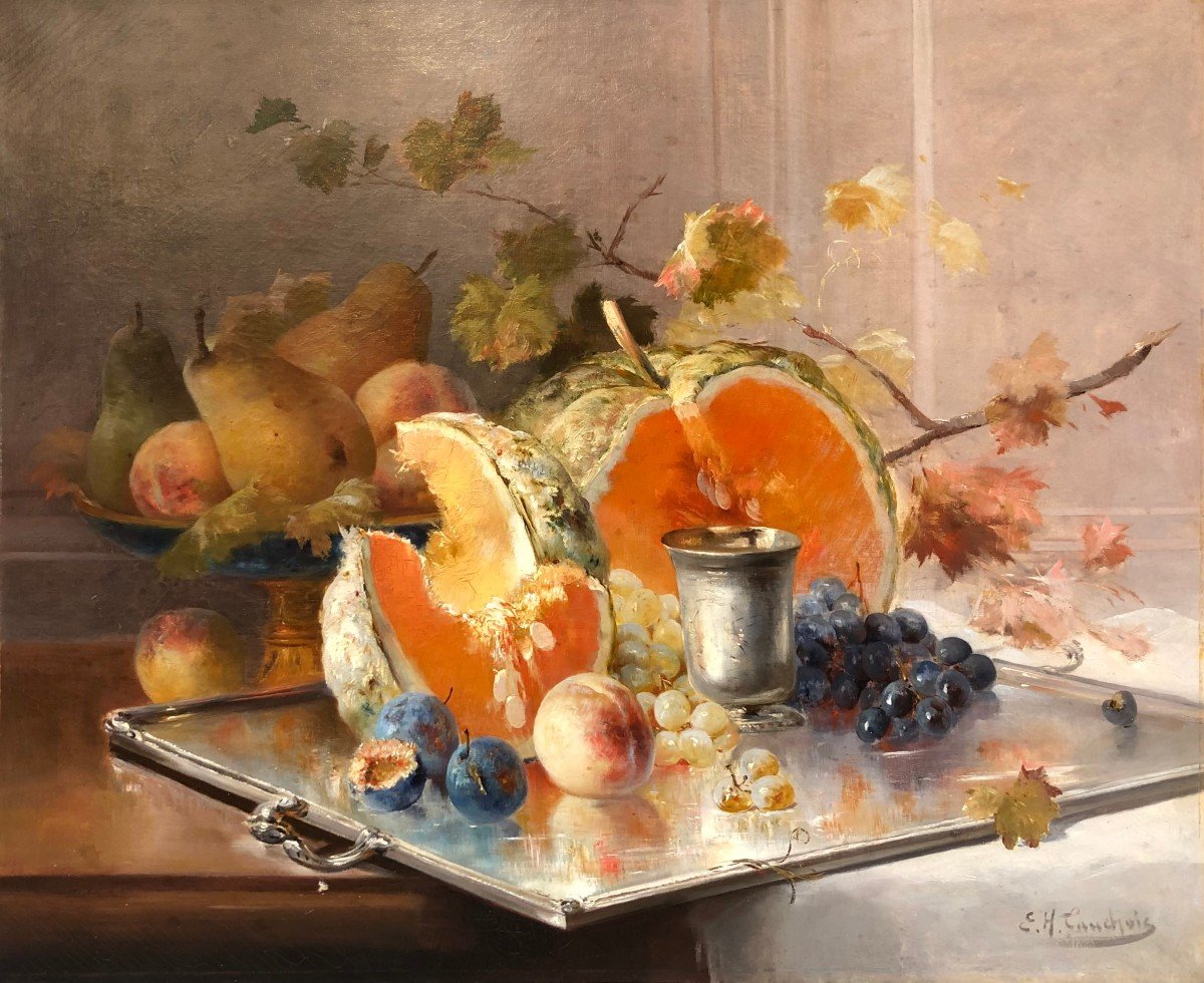 Cauchoix Eugène Nature Morte Aux Fruits Sur Plateau D’argent Huile Sur Toile Signée Certificat -photo-1