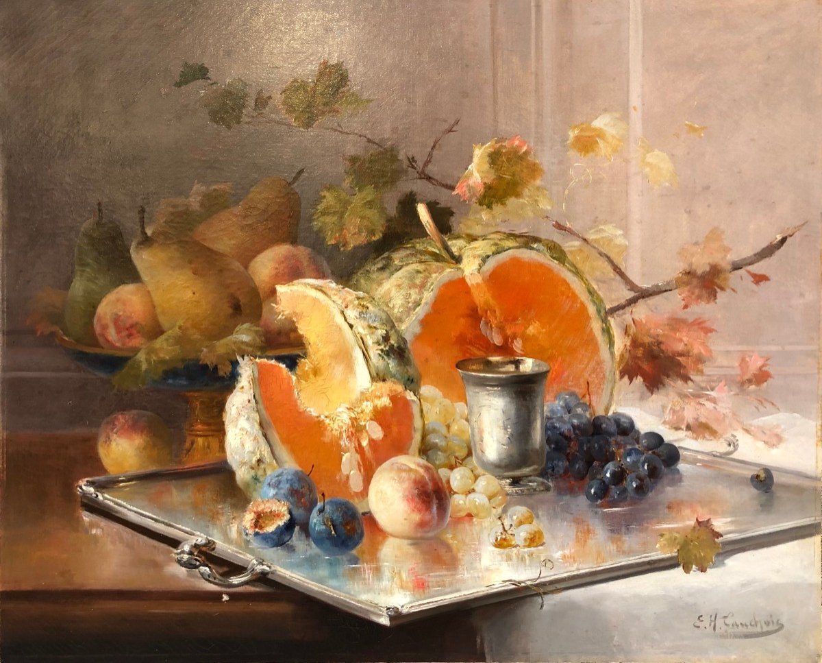 Cauchoix Eugène Nature Morte Aux Fruits Sur Plateau D’argent Huile Sur Toile Signée Certificat -photo-2