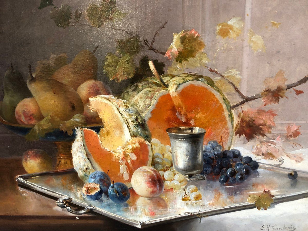 Cauchoix Eugène Nature Morte Aux Fruits Sur Plateau D’argent Huile Sur Toile Signée Certificat -photo-3