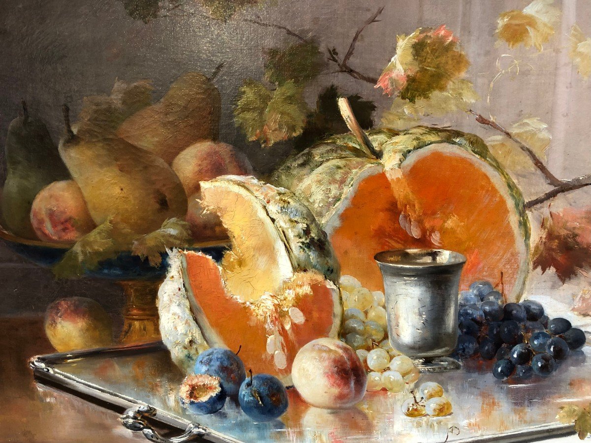 Cauchoix Eugène Nature Morte Aux Fruits Sur Plateau D’argent Huile Sur Toile Signée Certificat -photo-4