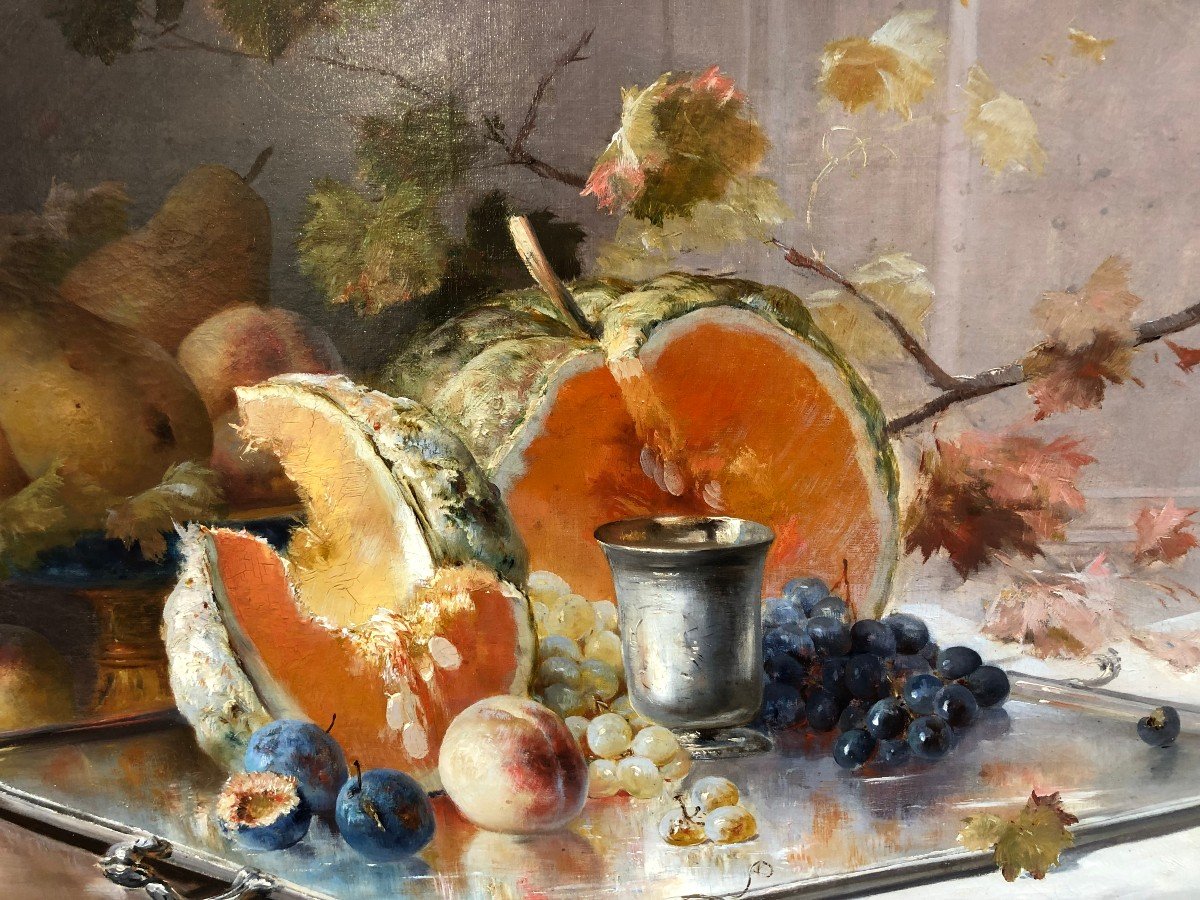 Cauchoix Eugène Nature Morte Aux Fruits Sur Plateau D’argent Huile Sur Toile Signée Certificat -photo-5