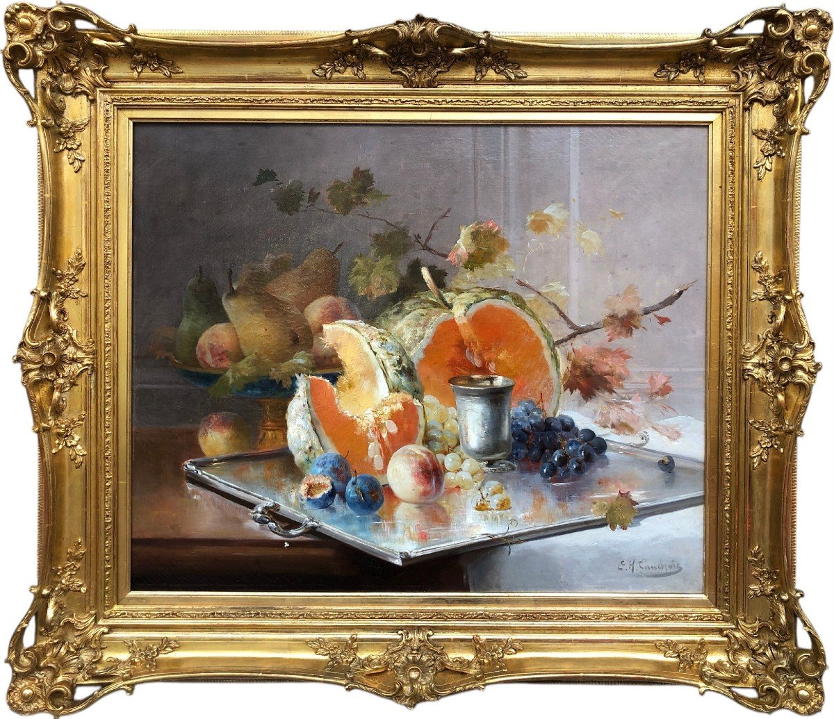 Cauchoix Eugène Nature Morte Aux Fruits Sur Plateau D’argent Huile Sur Toile Signée Certificat 