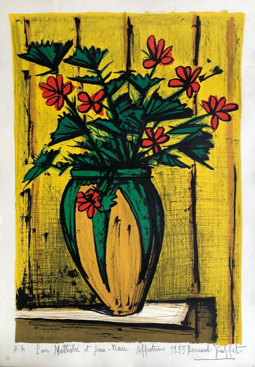 Buffet Bernard Bouquet Fleurs Dans Une Potiche Lithographie Couleurs Signéecertificatd’authenti