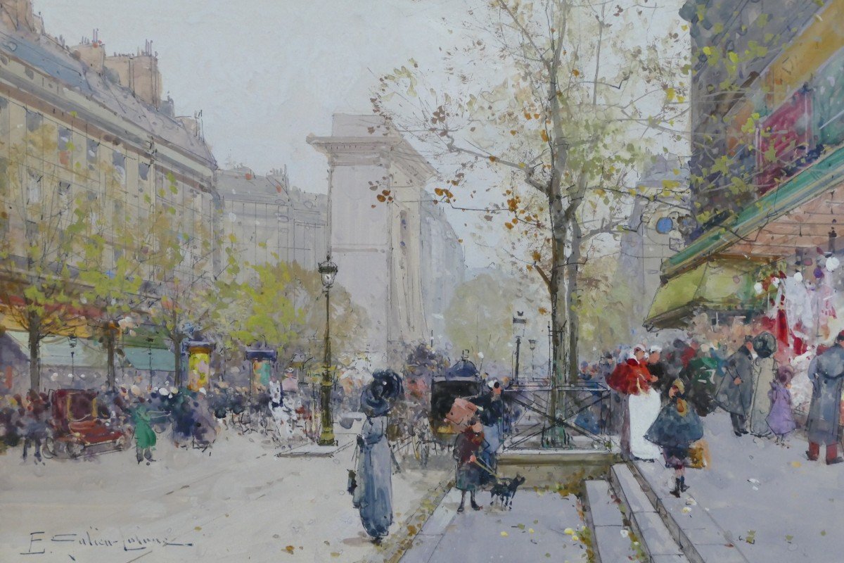 Galien Laloue Tableau 20è Paris Animation Sur Les Grands Boulevards Gouache Signée Certificat -photo-2