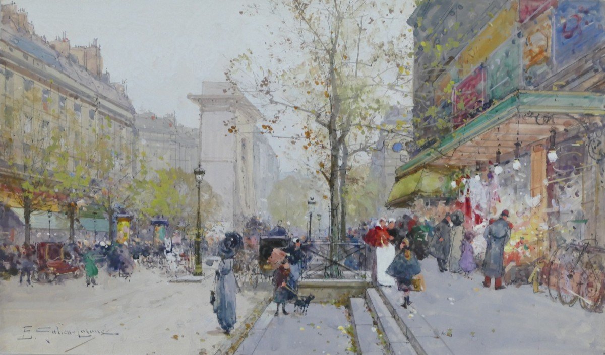 Galien Laloue Tableau 20è Paris Animation Sur Les Grands Boulevards Gouache Signée Certificat -photo-3