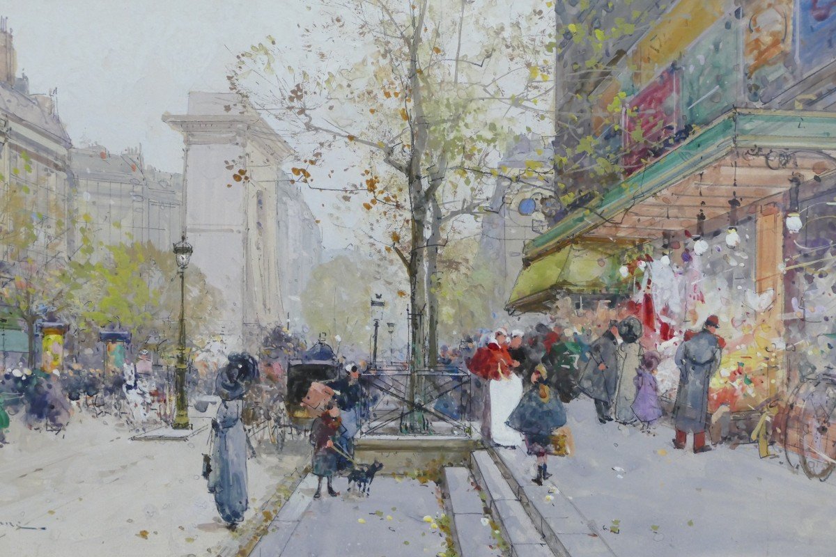 Galien Laloue Tableau 20è Paris Animation Sur Les Grands Boulevards Gouache Signée Certificat -photo-4