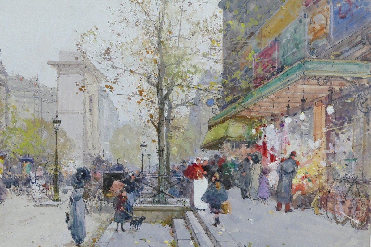 Galien Laloue Tableau 20è Paris Animation Sur Les Grands Boulevards Gouache Signée Certificat -photo-1