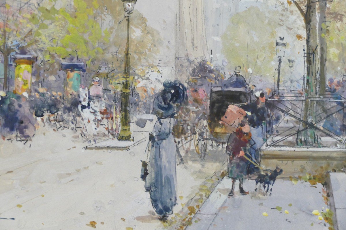 Galien Laloue Tableau 20è Paris Animation Sur Les Grands Boulevards Gouache Signée Certificat -photo-4