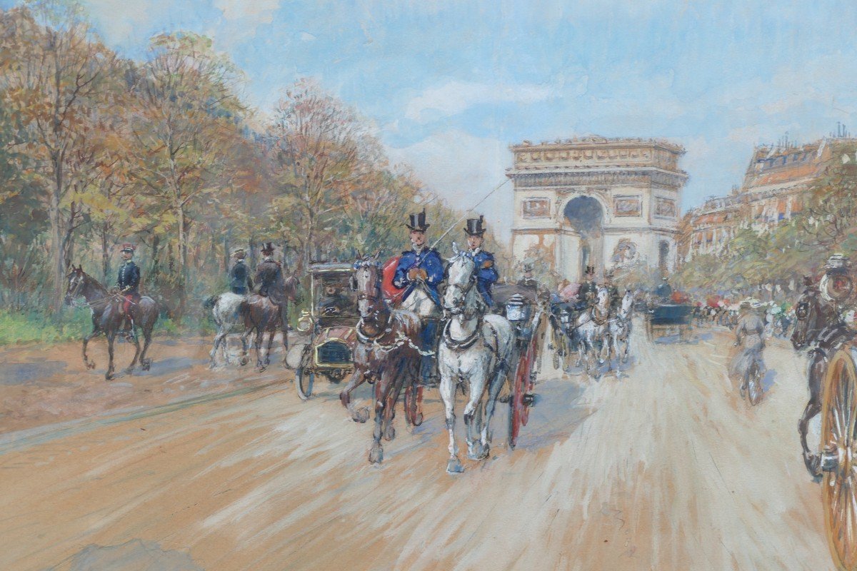 Stein Georges Paris Animation Avenue Foch Vers l'Arc De Triomphe Aquarelle Signée Certificat -photo-3