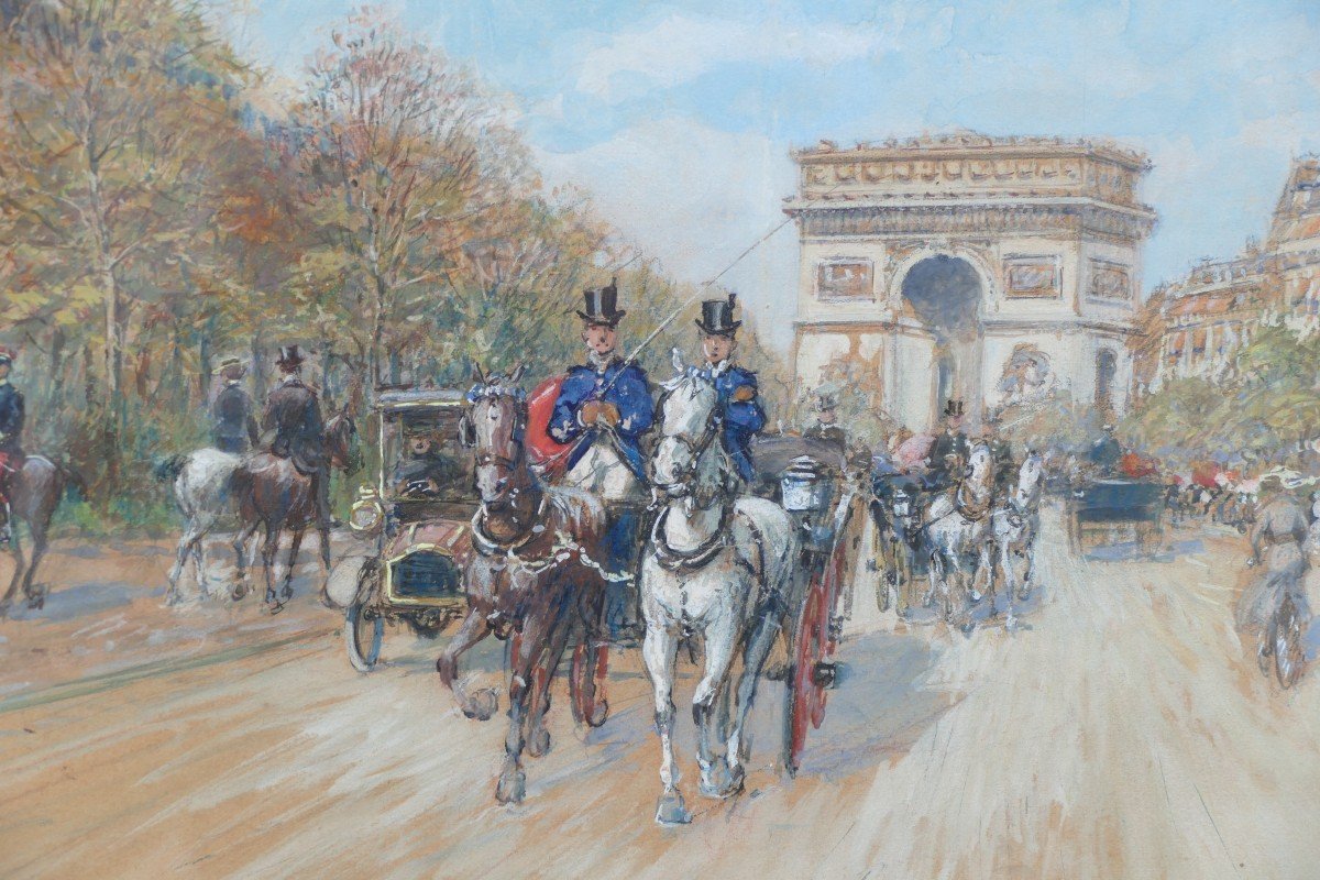 Stein Georges Paris Animation Avenue Foch Vers l'Arc De Triomphe Aquarelle Signée Certificat -photo-1