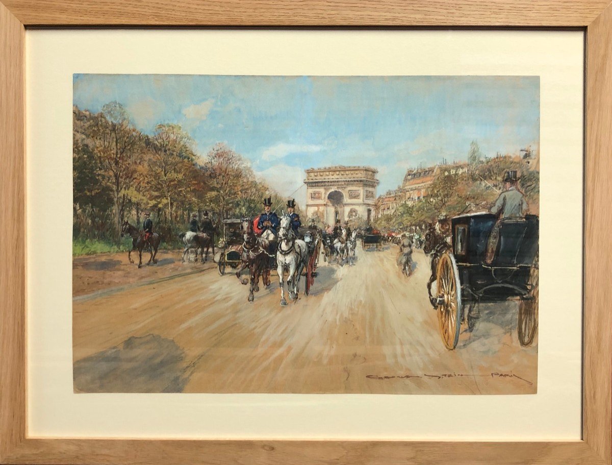 Stein Georges Paris Animation Avenue Foch Vers l'Arc De Triomphe Aquarelle Signée Certificat 