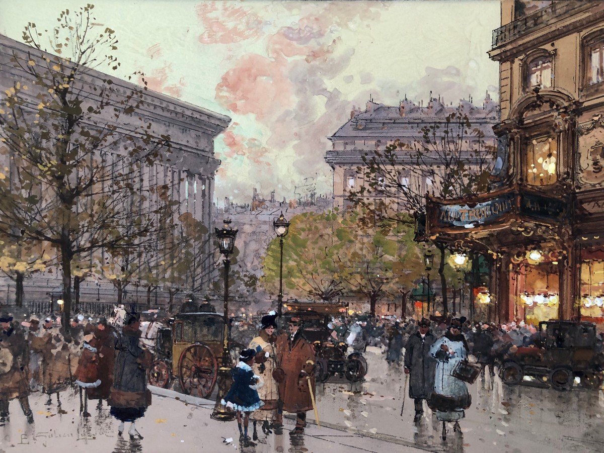 Galien Laloue Painting 20th Paris Animation In The 3 Districts At La Madeleine Gouache Watercolor Cert-photo-3