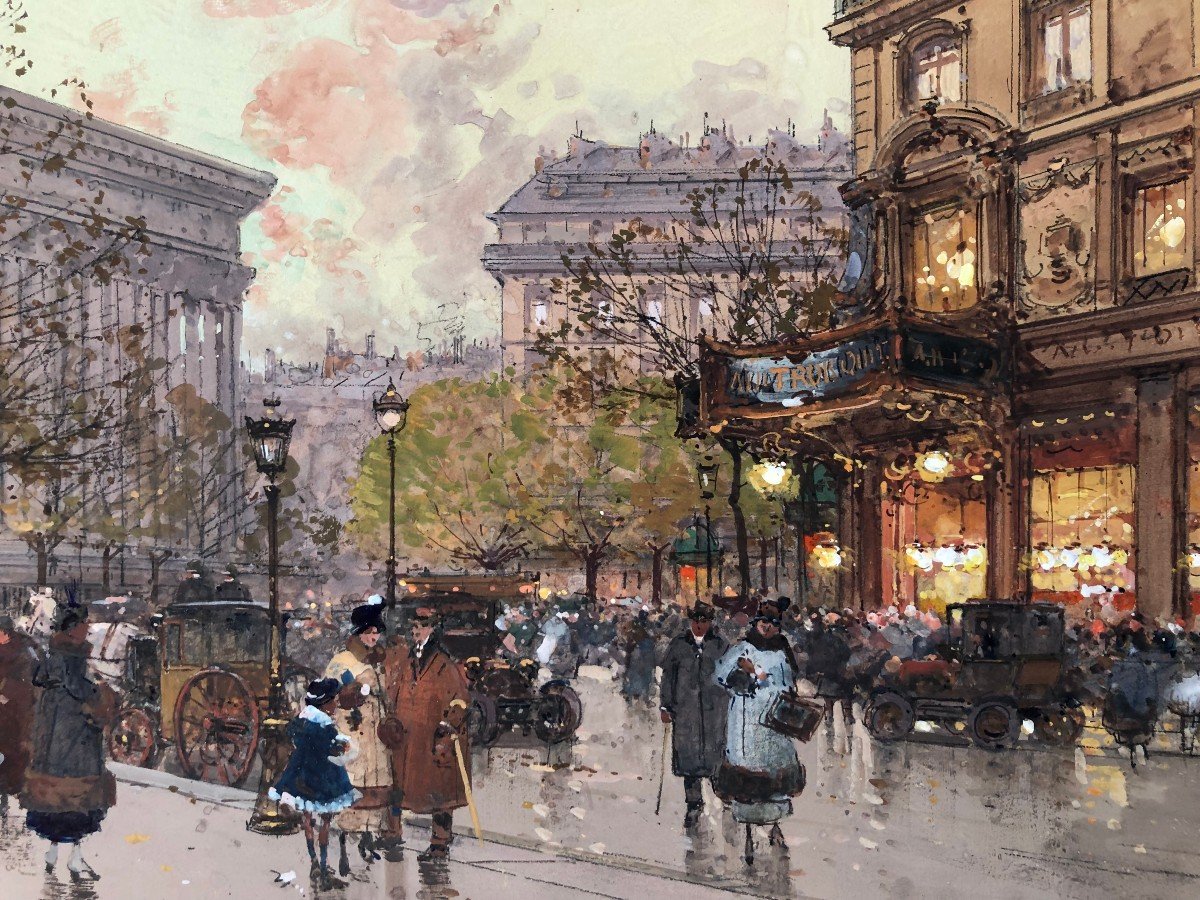 Galien Laloue Painting 20th Paris Animation In The 3 Districts At La Madeleine Gouache Watercolor Cert-photo-1