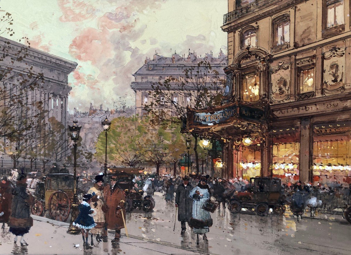 Galien Laloue Painting 20th Paris Animation In The 3 Districts At La Madeleine Gouache Watercolor Cert-photo-3