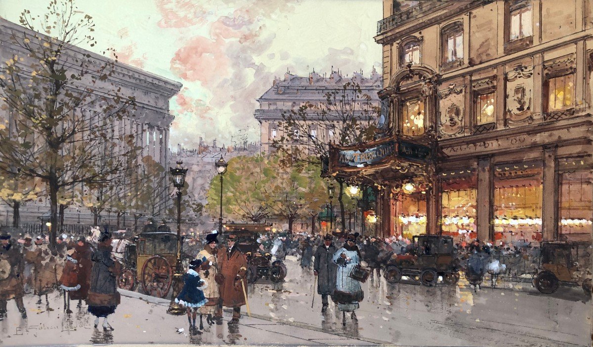 Galien Laloue Painting 20th Paris Animation In The 3 Districts At La Madeleine Gouache Watercolor Cert