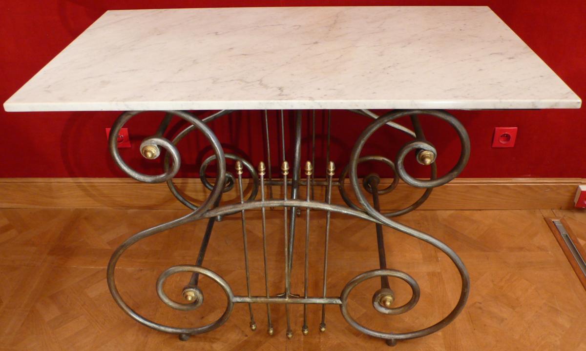 Table De Boucher Ancienne De La Fin Du 19ème Siècle En Fer Forgé Et Laiton-photo-2