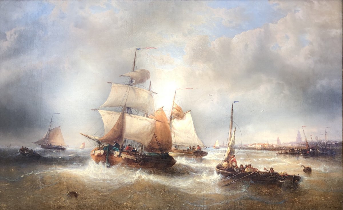 Musin François Ecole Belge 19è Marine Navires Quittant Le Port Peinture XIXè Huile Toile Signée-photo-2