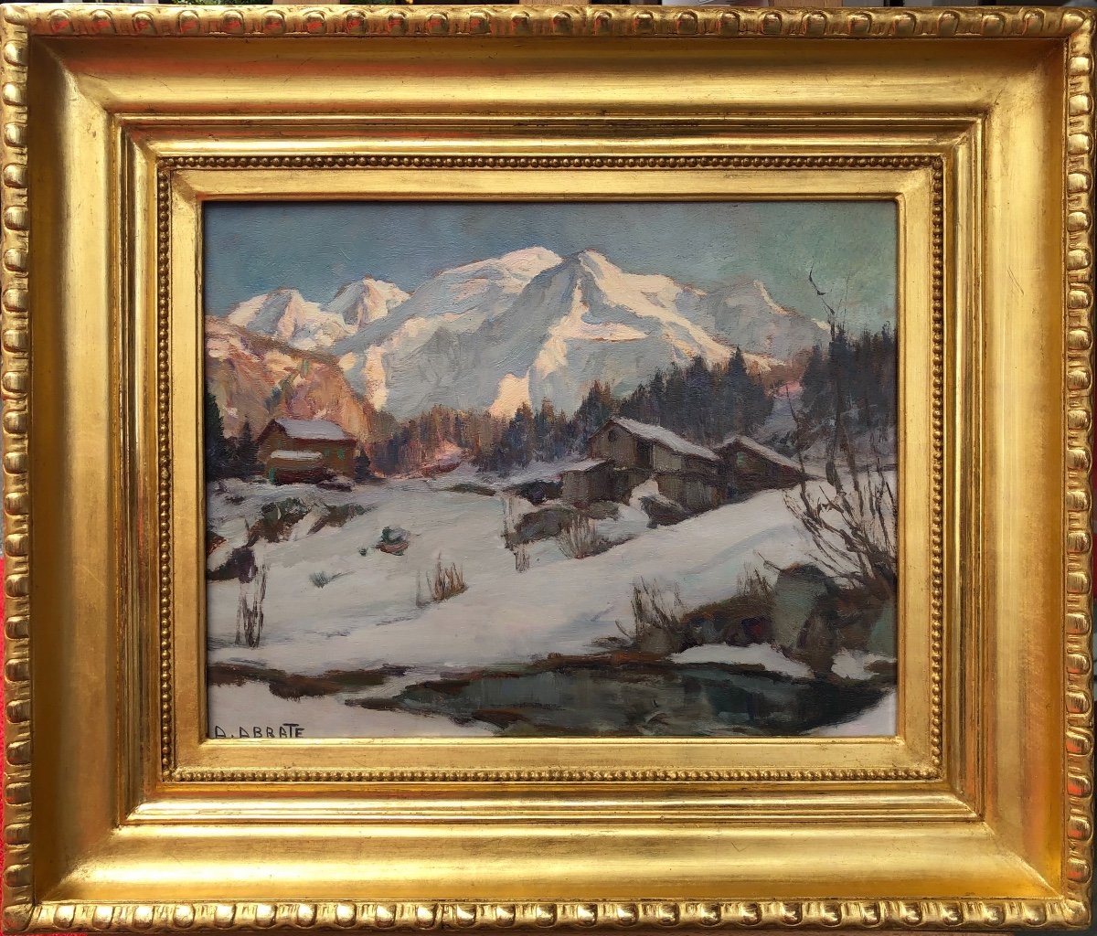 Abrate Angelo 20th Century Painting Sun On Mont Blanc Oil Signed Certificat