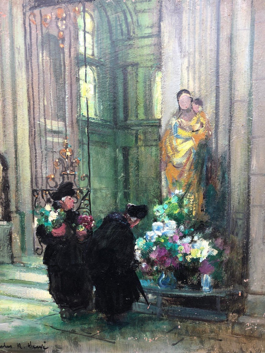 Herve Jules René Tableau Impressionniste XXè Les Bigotes à l'église à Langres Huile Sur Panneau-photo-1