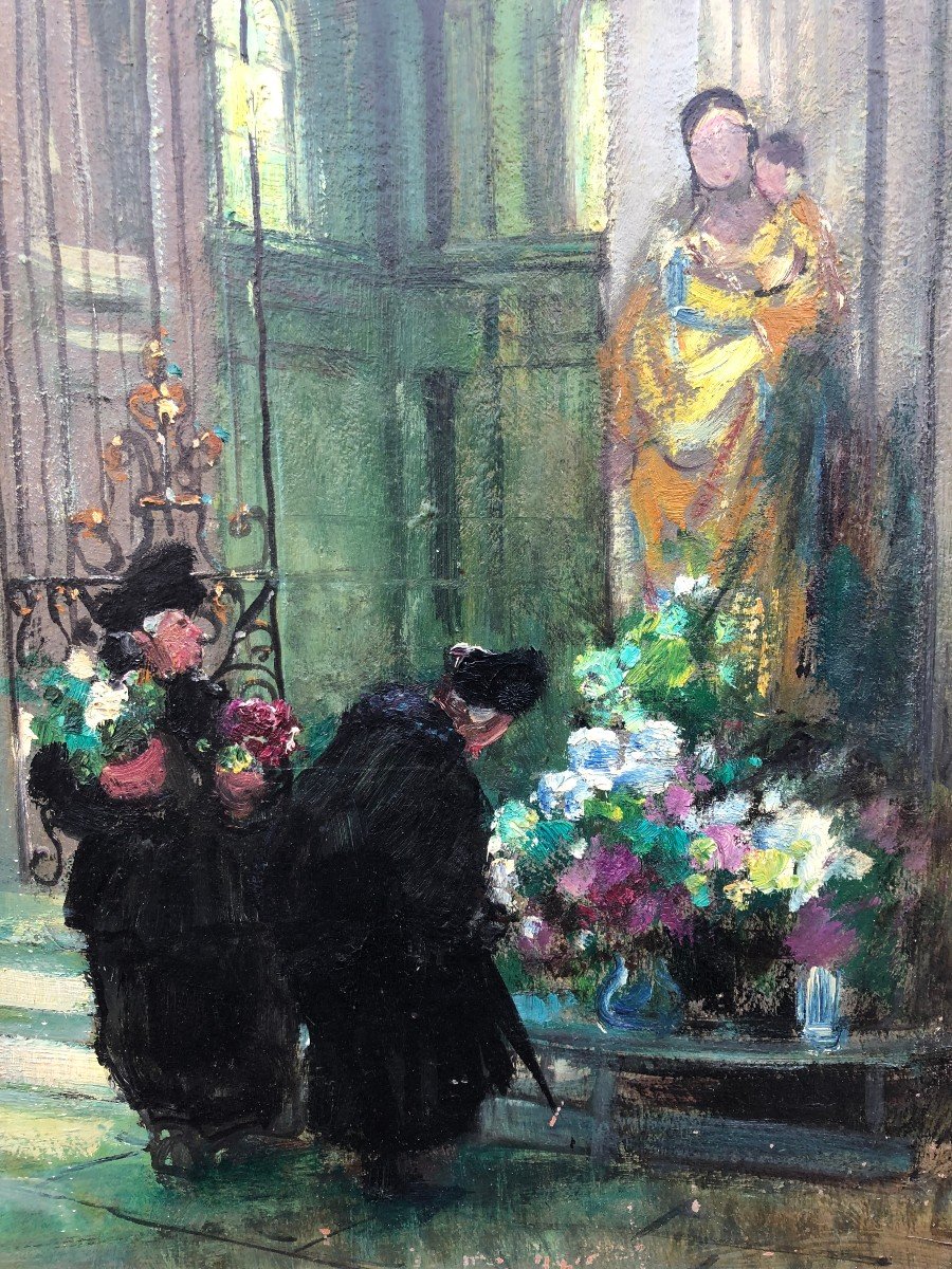 Herve Jules René Tableau Impressionniste XXè Les Bigotes à l'église à Langres Huile Sur Panneau-photo-2