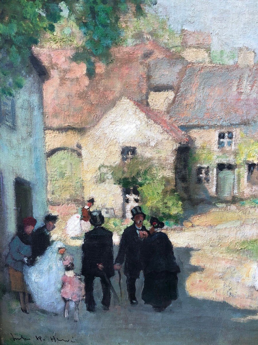 Herve Jules Painting 20th Century Communion Day In The Countryside Oil On Canvas Signed-photo-2