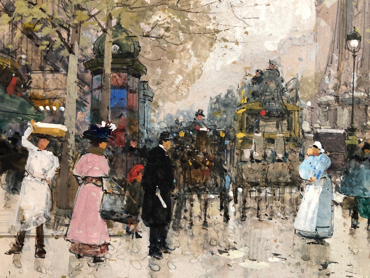 Galien Laloue Eugène French Painting 20th Paris Animation On The Grands Boulevard Gouache Signed-photo-3