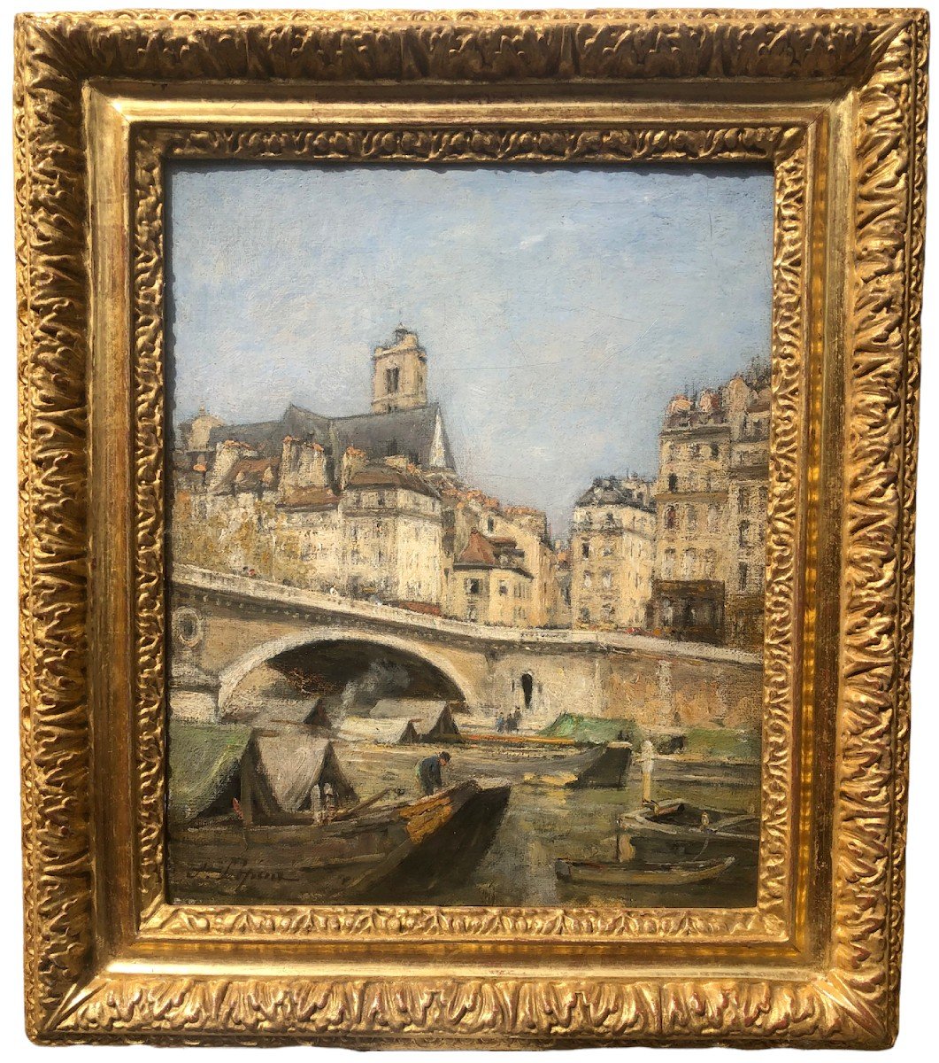 Lepine Stanislas Paris, The Louis Philippe Bridge 1878 Oil On Canvas Signed Catalog Raisonné-photo-2