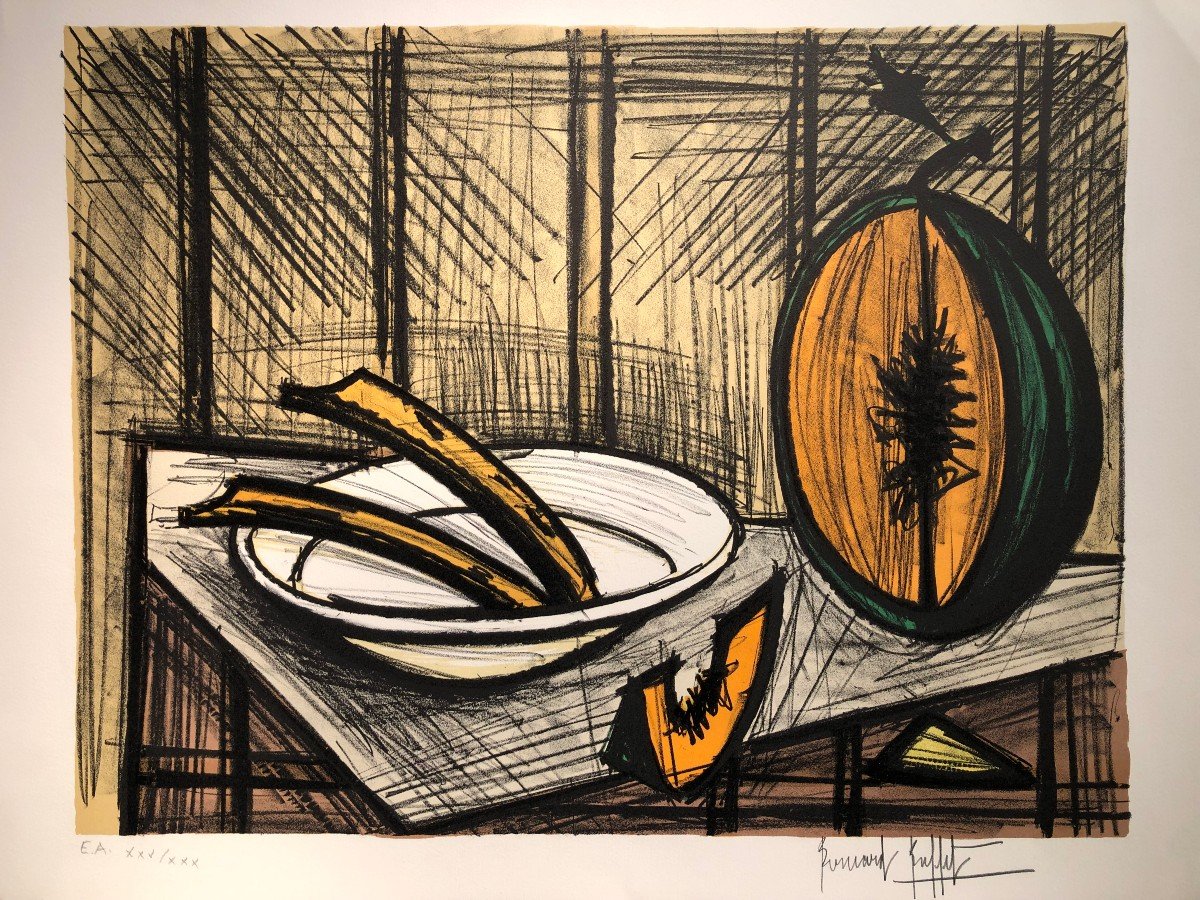 Buffet Bernard Nature Morte Au Melon Et à l'Assiette Lithographie Couleurs Justifiée-photo-2